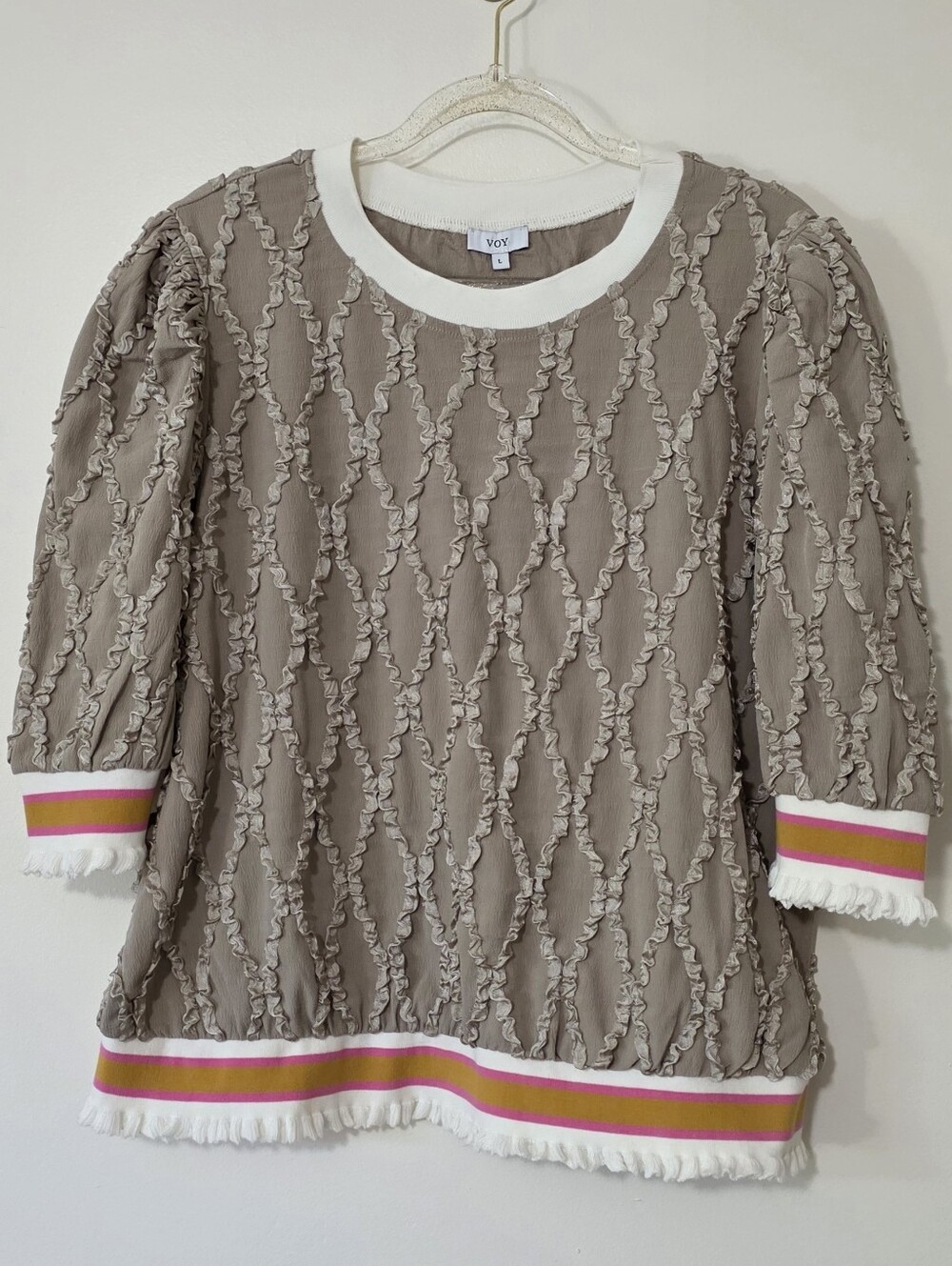 VOY Diamond Textured Top Puff Sleeve Twee Statement Striped Band Retro Large